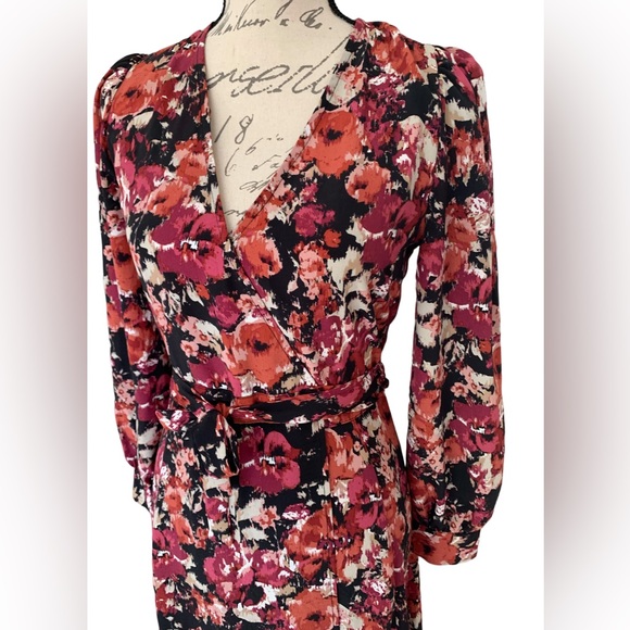 Chelsea28 Black Floral Tie Front Wrap Midi Dress Size XS - Picture 4 of 7